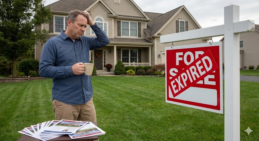 Home with an expired real estate listing sign in front yard